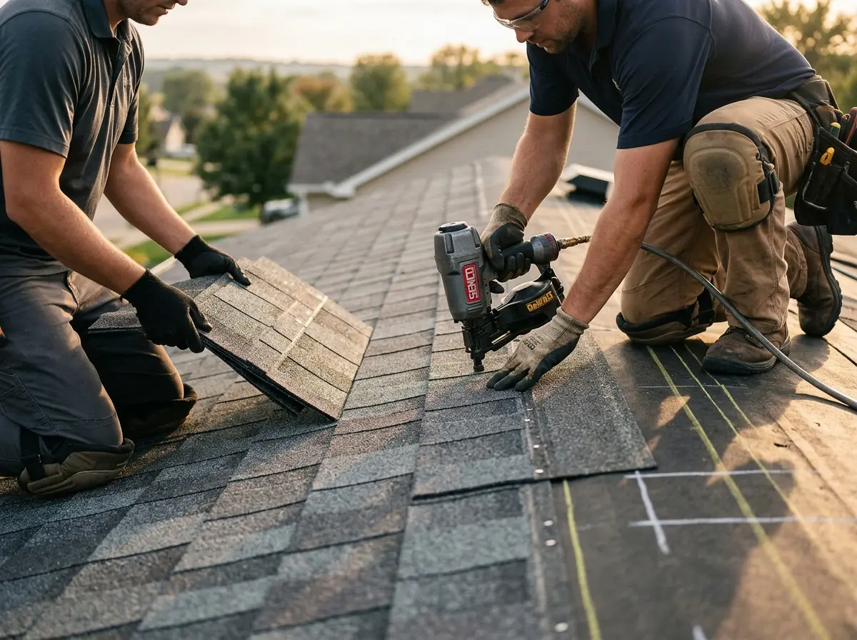 Professional roofer working on a residential roof in Brookfield
